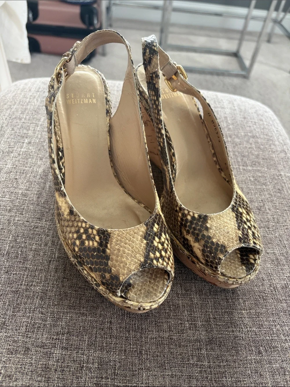 Peep-Toe Wedge Sandals in Snake Print Gold Stuart weitzman 6.5